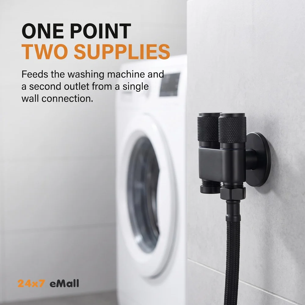 2 in 1 Angular Dual Double Angle Valve Black Dual Tap for Bathroom, Geyser | Luxury Series Two-Way Angle Valve | 2 in 1 Angle Valve for Bathroom | Two Way Tap Black Washing Machine.