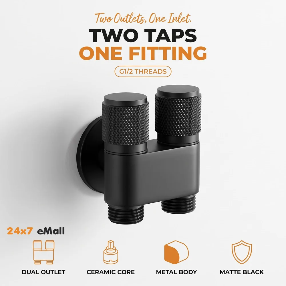 2 in 1 Angular Dual Double Angle Valve Black Dual Tap for Bathroom, Geyser | Luxury Series Two-Way Angle Valve | 2 in 1 Angle Valve for Bathroom | Two Way Tap Black Washing Machine.