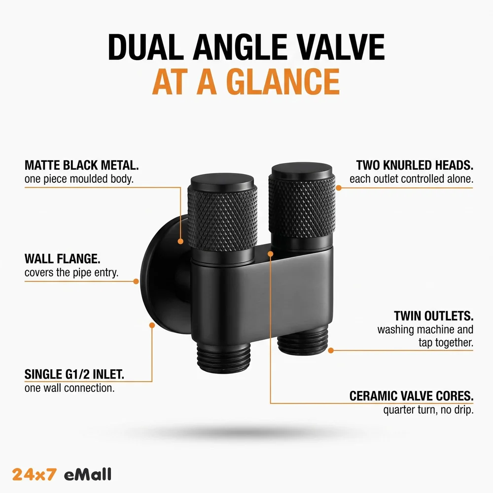2 in 1 Angular Dual Double Angle Valve Black Dual Tap for Bathroom, Geyser | Luxury Series Two-Way Angle Valve | 2 in 1 Angle Valve for Bathroom | Two Way Tap Black Washing Machine.