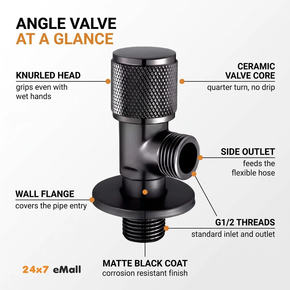Stainless Steel Angular Black For Bathroom Wash Basin, Geyser | Luxury Series One-Way Angle Valve | Angle Valve For Bathroom | Wall Mounted. Stop Cock Toilet Commode, Washbasin, 8.7Cm X 3Cm