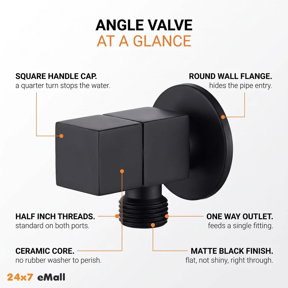 Angular Black for Bathroom wash basin, Geyser | Luxury Series One-Way Angle Valve | Wall Mounted. Stop Cock Toilet Commode, Washbasin, Square Design - 6.5 cm x 5 cm