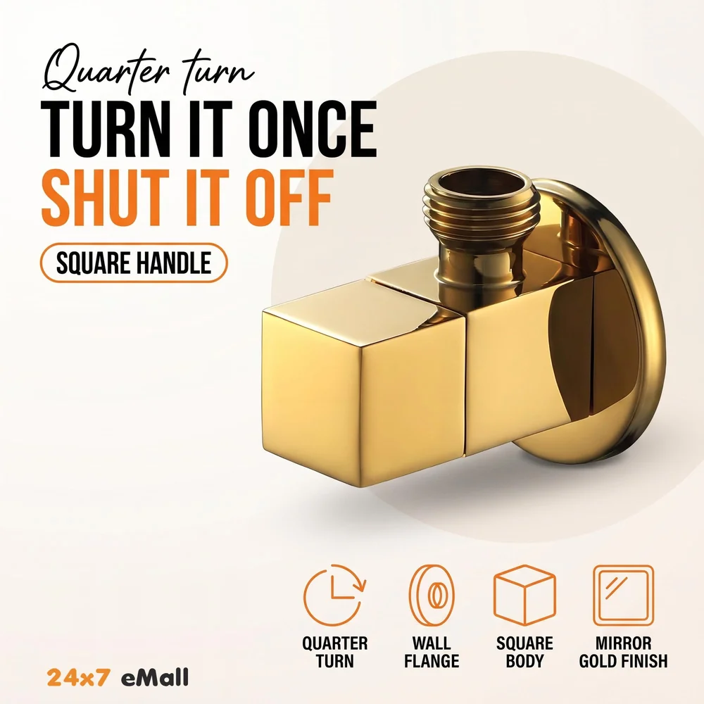 Gold Angular Stop Valve Stop Cock Angle Valve For Bathroom Kitchen Geysers Washbasins Taps Basin Accessory Commode Shower tap With Flange Square - 1 Pc