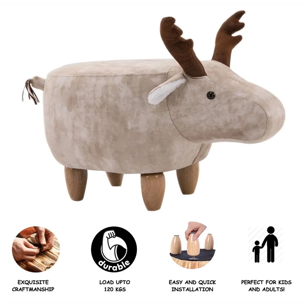 Upholstered Deer Ride-On Ottoman Footrest Stool with Vivid Adorable Animal Shape Padded Seat. (Kids and Adults, Deer)