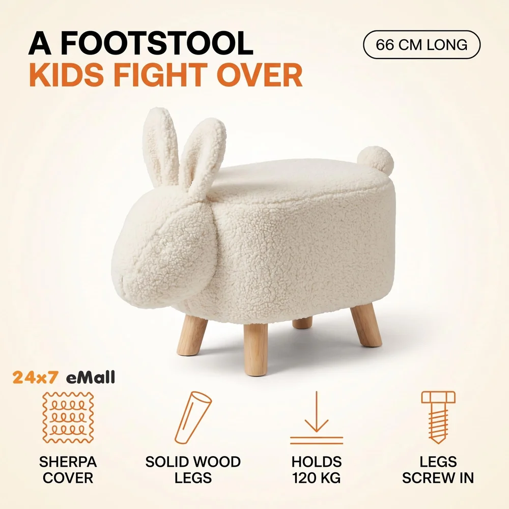 Upholstered Rabbit Ride-On Ottoman Footrest Stool with Vivid Adorable Animal Shape Padded Seat. (Kids and Adults, Rabbit)