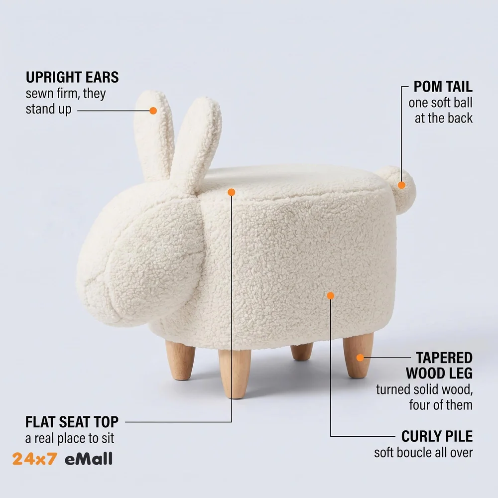 Upholstered Rabbit Ride-On Ottoman Footrest Stool with Vivid Adorable Animal Shape Padded Seat. (Kids and Adults, Rabbit)