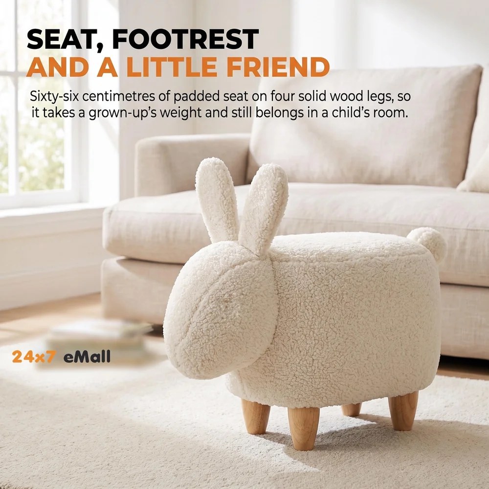 Upholstered Rabbit Ride-On Ottoman Footrest Stool with Vivid Adorable Animal Shape Padded Seat. (Kids and Adults, Rabbit)