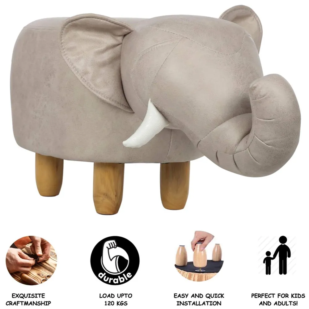 Upholstered Elephant Ride On Ottoman Footrest Stool with Vivid Adorable Animal Shape Padded Seat. (Kids and Adults, Beige Elephant)