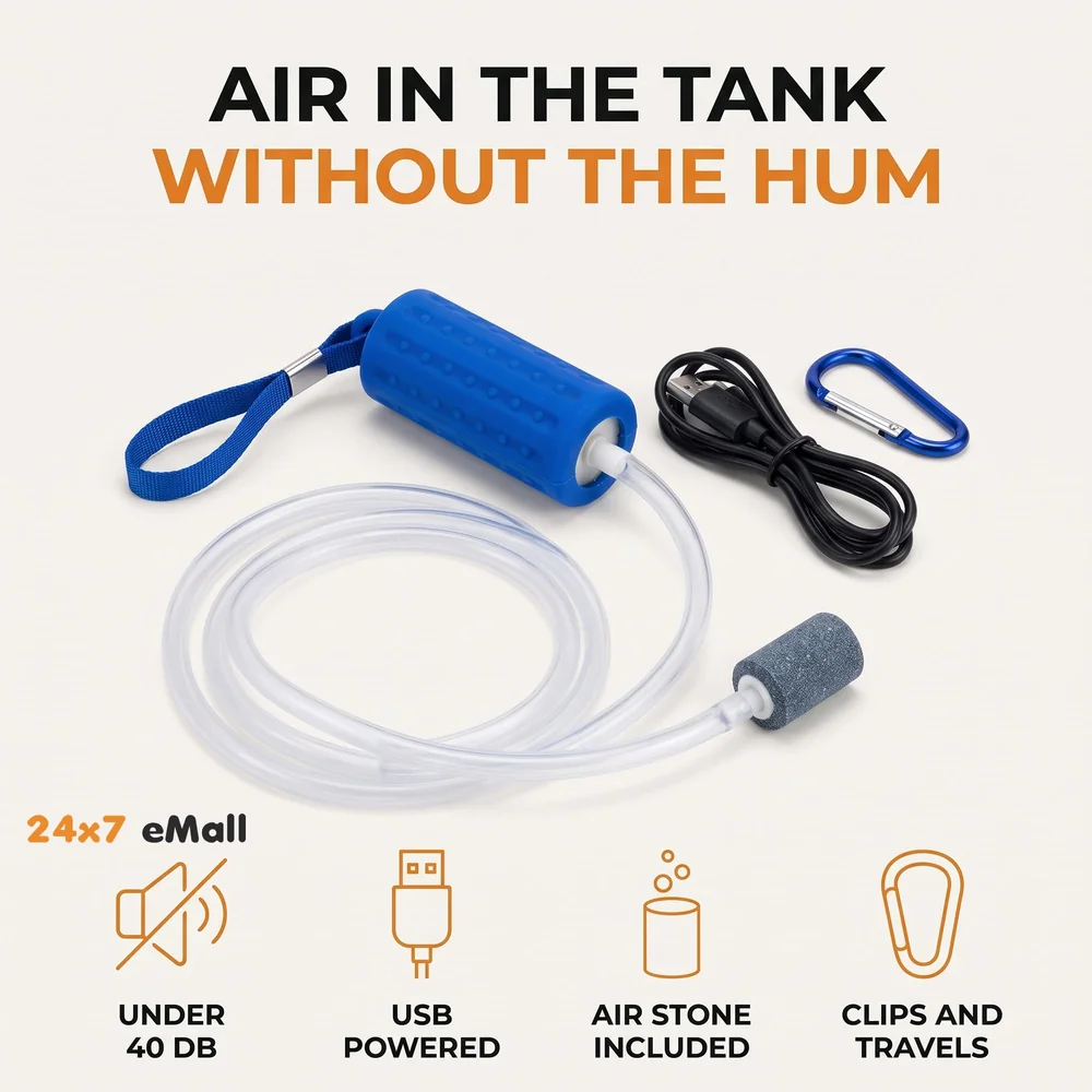 Aquarium Oxygen Pump - USB Air Pump - Quietest Portable Aquarium Air Pump - Air Stone and Hose Included - Low Power Usage