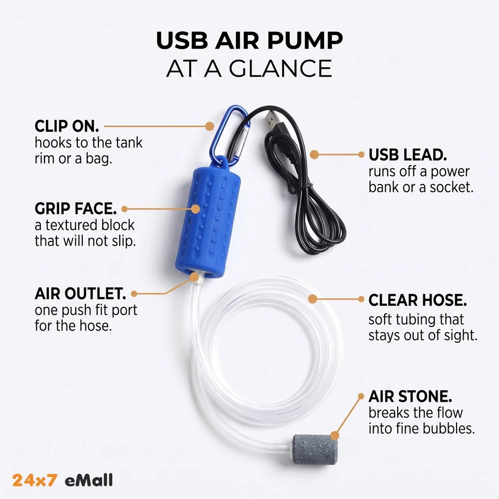 Aquarium Oxygen Pump - USB Air Pump - Quietest Portable Aquarium Air Pump - Air Stone and Hose Included - Low Power Usage