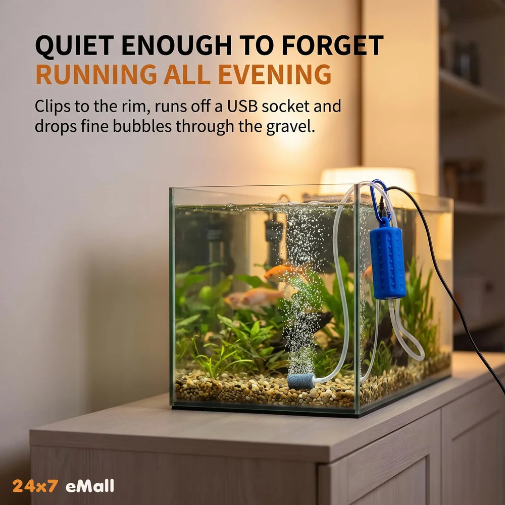 Aquarium Oxygen Pump - USB Air Pump - Quietest Portable Aquarium Air Pump - Air Stone and Hose Included - Low Power Usage