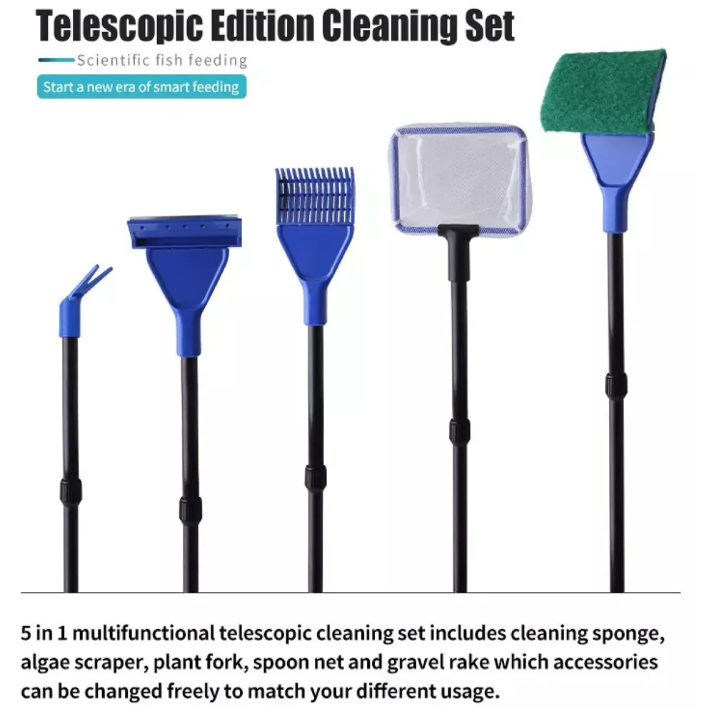5 in 1 Aquarium Fish Tank Clean Set Algae Scraper Fish Net Sponge Plant Fork Gravel Rake. Telescopic 80cm Rod.