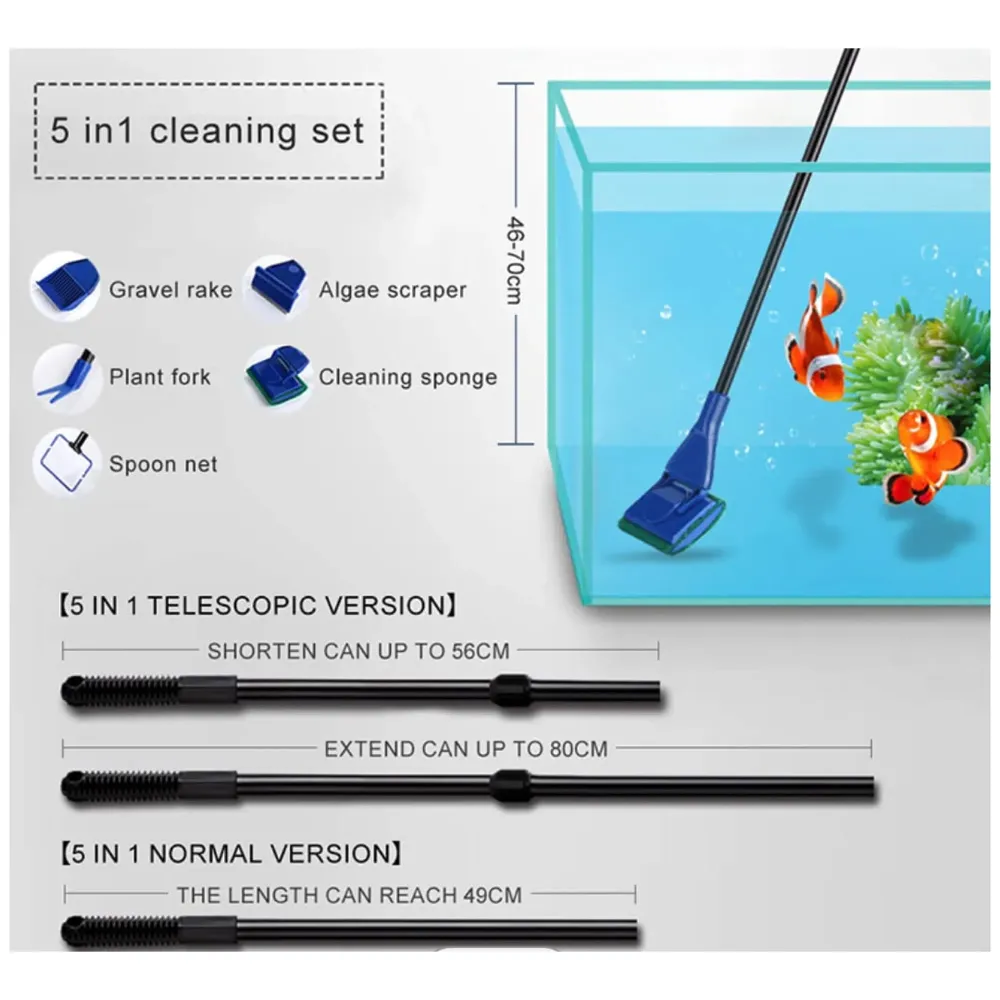 5 in 1 Aquarium Fish Tank Clean Set Algae Scraper Fish Net Sponge Plant Fork Gravel Rake. Telescopic 80cm Rod.