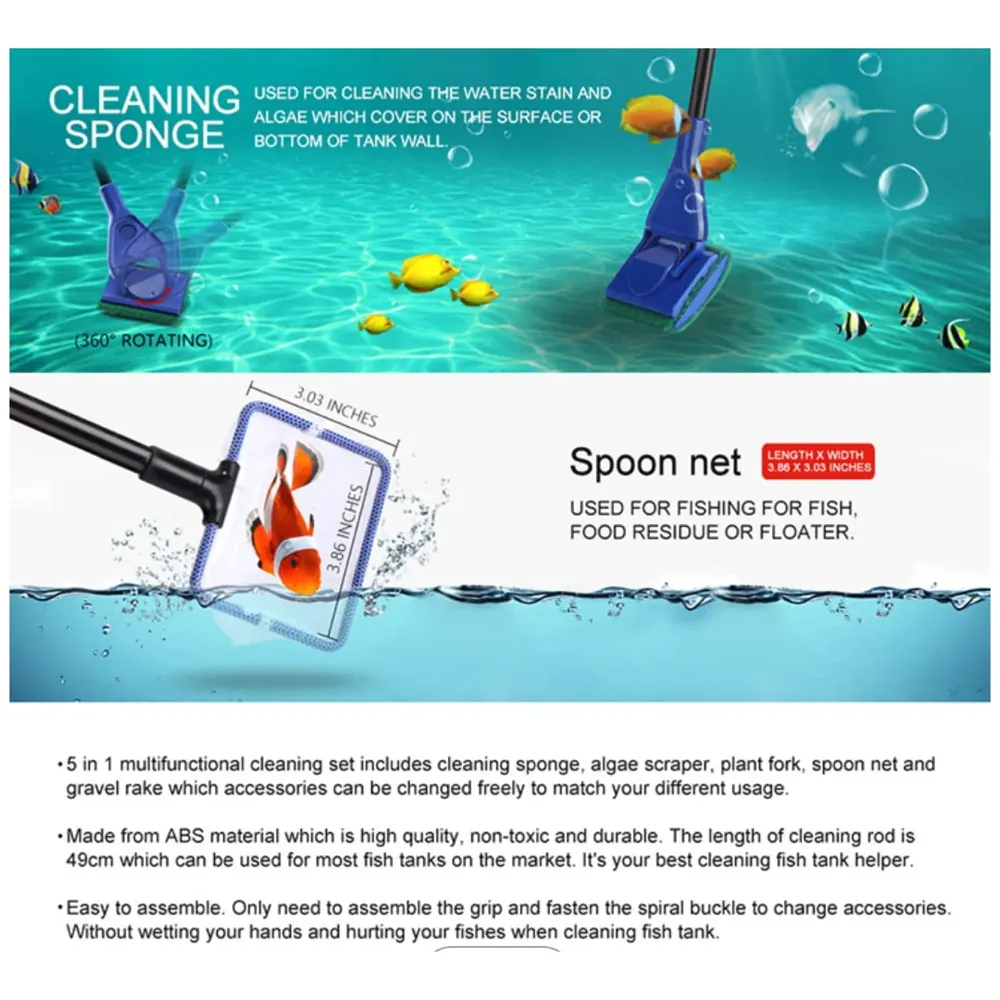 5 in 1 Aquarium Fish Tank Clean Set Algae Scraper Fish Net Sponge Plant Fork Gravel Rake. Telescopic 80cm Rod.