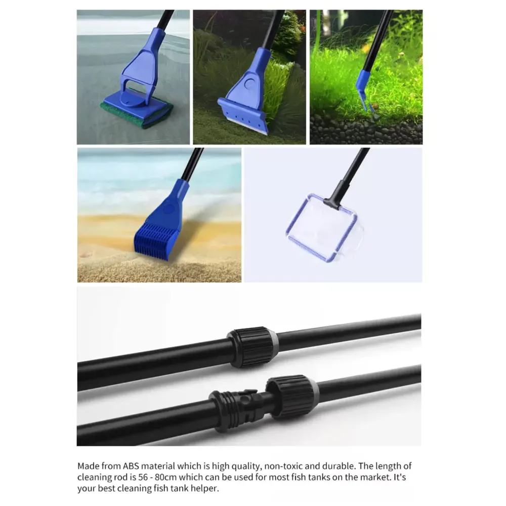 5 in 1 Aquarium Fish Tank Clean Set Algae Scraper Fish Net Sponge Plant Fork Gravel Rake. Telescopic 80cm Rod.