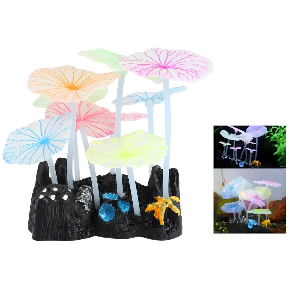 Fluorescent Glowing Effect Artificial Plants Flowers Aquarium Plant Decor Ornament Decoration for Fish Tank Landscape Size- 10 x10 x 6 CM - Multi, Medium, Silicone, (Flower Glow)