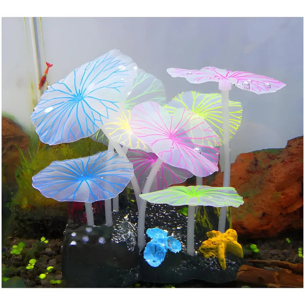 Fluorescent Glowing Effect Artificial Plants Flowers Aquarium Plant Decor Ornament Decoration for Fish Tank Landscape Size- 10 x10 x 6 CM - Multi, Medium, Silicone, (Flower Glow)