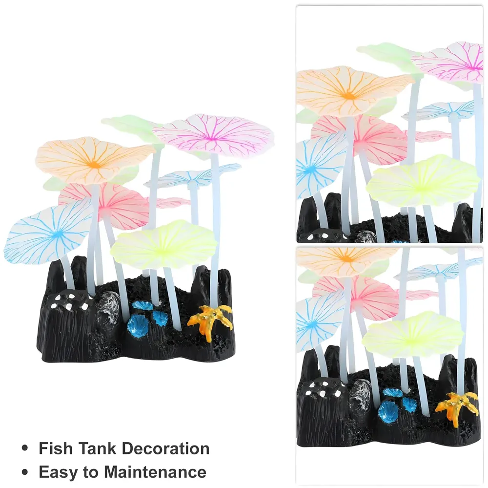 Fluorescent Glowing Effect Artificial Plants Flowers Aquarium Plant Decor Ornament Decoration for Fish Tank Landscape Size- 10 x10 x 6 CM - Multi, Medium, Silicone, (Flower Glow)