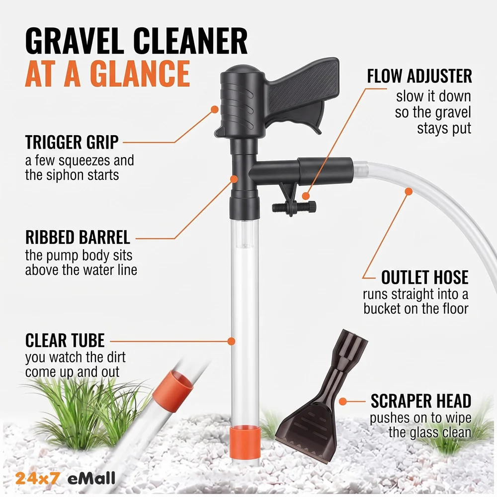 Aquarium Cleaner Fish Tank Siphon Pipe for Aquarium with Vacuum Gravel Removal System for Cleaning the Bottom of Fish Tanks and Aquariums.