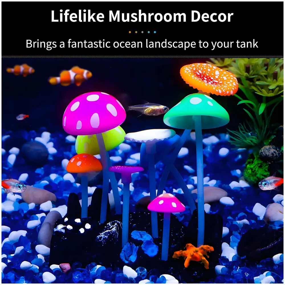 Fluorescent Glowing Effect Artificial Mushroom Aquarium Plant Decor Ornament Decoration for Fish Tank Landscape 10 x10 x 6 CM