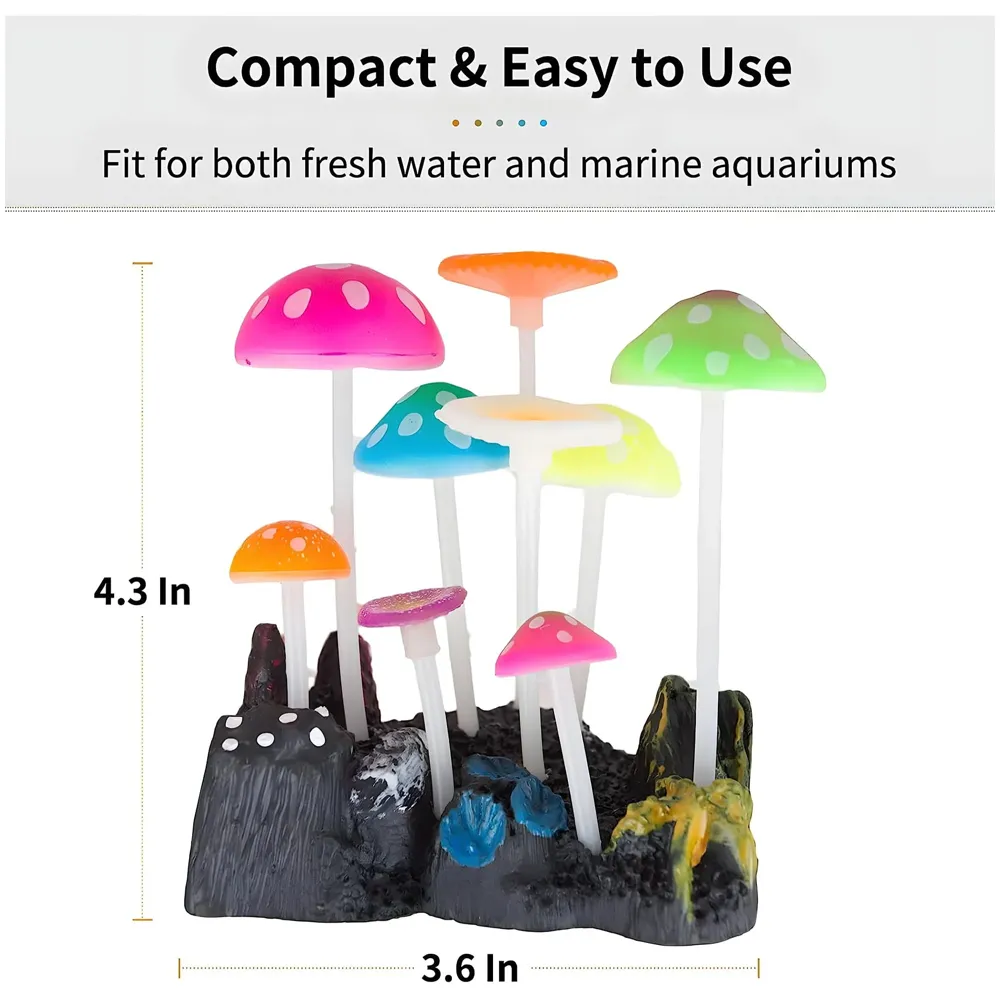 Fluorescent Glowing Effect Artificial Mushroom Aquarium Plant Decor Ornament Decoration for Fish Tank Landscape 10 x10 x 6 CM