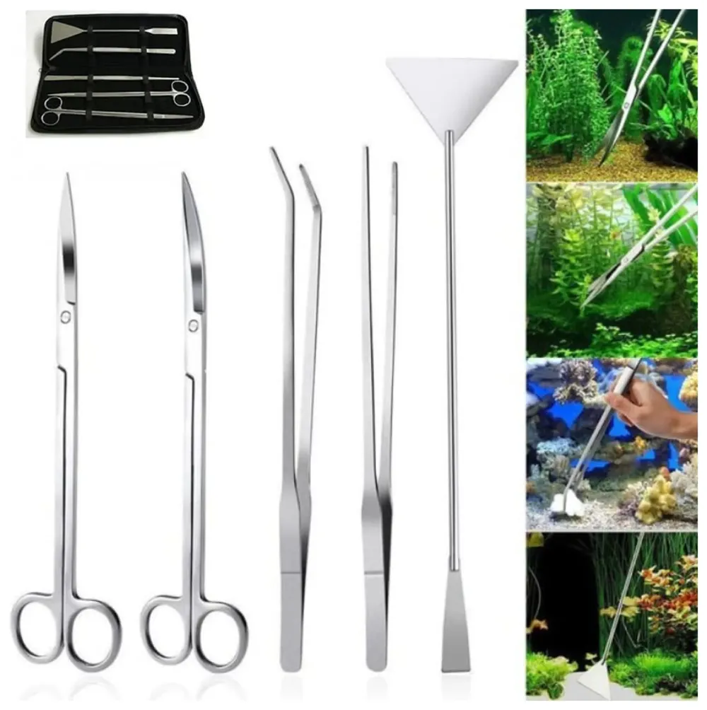 5 pcs Aquarium Cleaning Tool Kit with Carry Case Aqua scaping Tools - Includes Straight & Curved Scissors, Substrate Spatula, Straight & Bent Tweezers - Stainless Steel, for Fish Tank