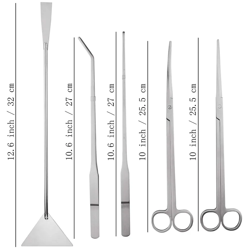 5 pcs Aquarium Cleaning Tool Kit with Carry Case Aqua scaping Tools - Includes Straight & Curved Scissors, Substrate Spatula, Straight & Bent Tweezers - Stainless Steel, for Fish Tank