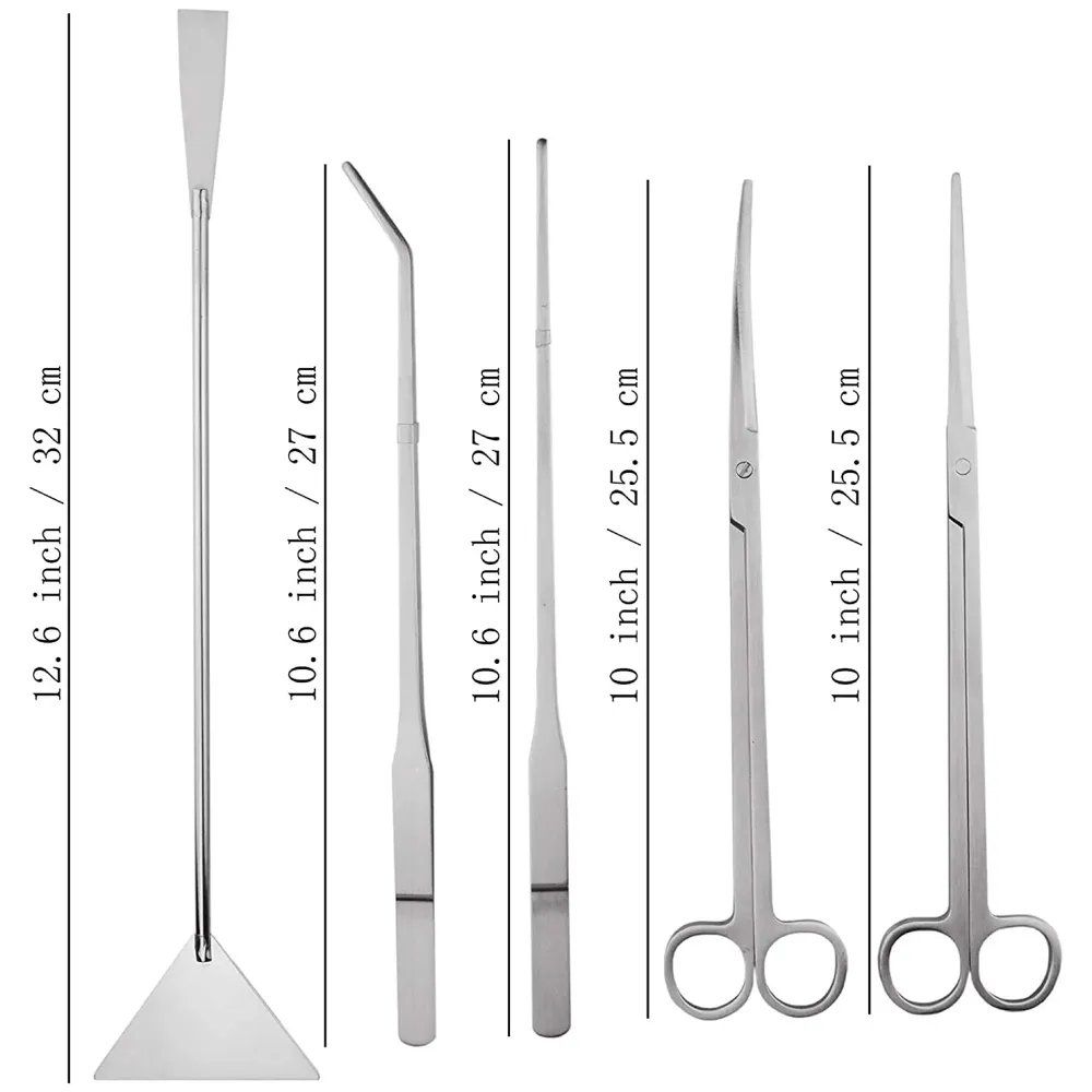 5 pcs Aquarium Cleaning Tool Kit with Carry Case Aqua scaping Tools - Includes Straight & Curved Scissors, Substrate Spatula, Straight & Bent Tweezers - Stainless Steel, for Fish Tank