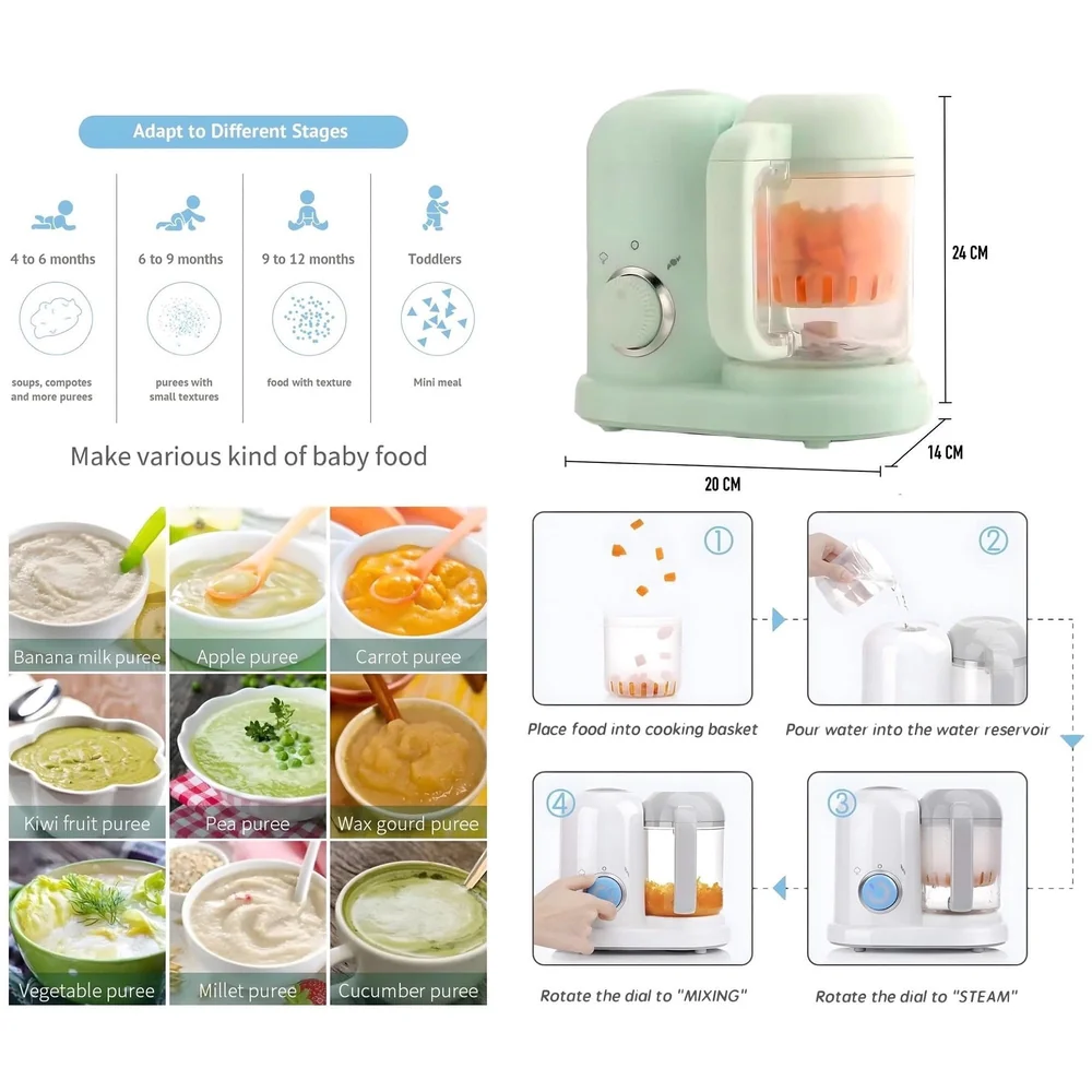 4-in-1 Baby Food Maker Baby Food Processor Food Cooker, Blender, Steamer And Defroster Baby Meal Essentials Make Healthy Fresh Baby Food At Home - Green colour