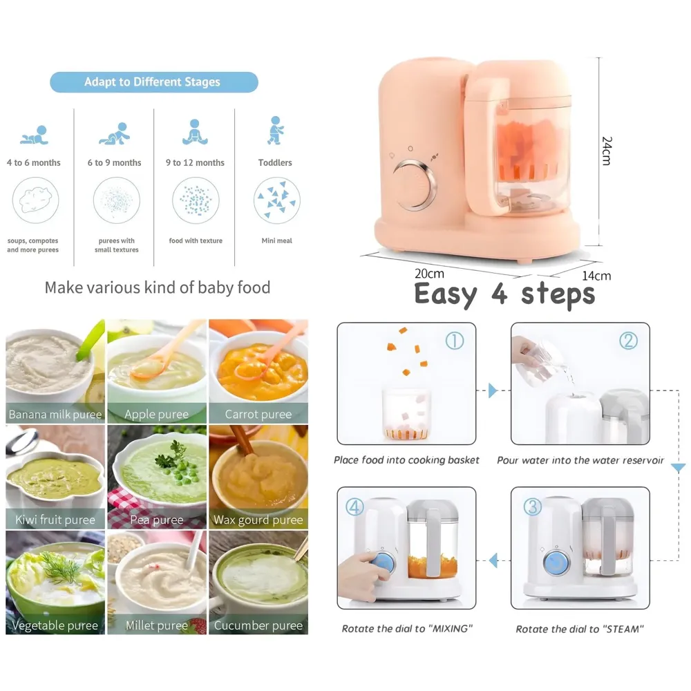 4-in-1 Baby Food Processor Cooker, Blender, Steamer and Defroster Baby Meal Essentials Make Healthy Fresh Food at Home Pink Colour