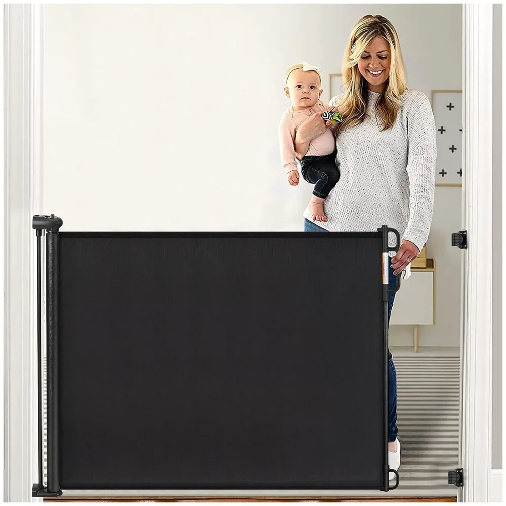 Retractable Baby Gate, Child Safety Adjustable Extendable to 180cm Extra Wide Mesh Baby Gates for Pet Dog Gate for Doorways, Stairs, Hallways, Indoor/Outdoor Barrier Fence (Black 180 cm)
