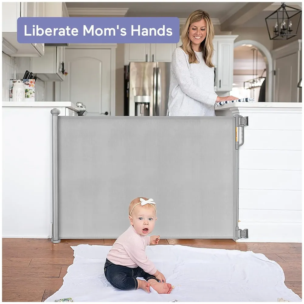 Retractable Baby Gate, Child Safety Adjustable Extendable to 180cm Extra Wide Mesh Baby Gates for Pet Dog Gate for Doorways, Stairs, Hallways, Indoor/Outdoor Barrier Fence (Grey 180 cm)