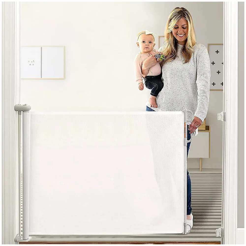 Retractable Baby Gate, Child Safety Adjustable Extendable to 180cm Extra Wide Mesh Baby Gates for Pet Dog Gate for Doorways, Stairs, Hallways, Indoor/Outdoor Barrier Fence (White 180 cm)
