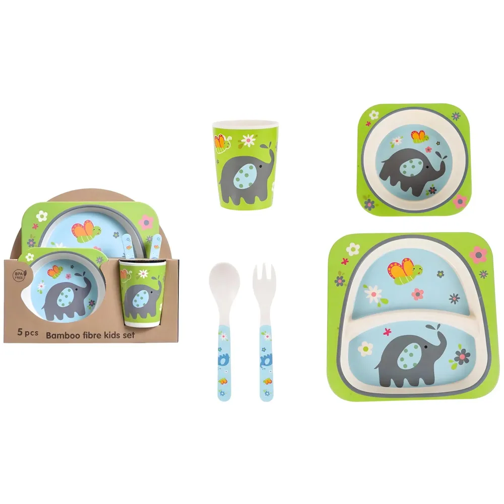 Kids Bamboo Baby Tableware, Eco Friendly Bamboo Fibre Dinner Set for Toddler and Kids, Self-Feeding Baby Utensil Set of 5pcs, 1 x Plate, 1 x Bowl, 1 x Glass, 1 x Spoon, 1 x Fork Elephant