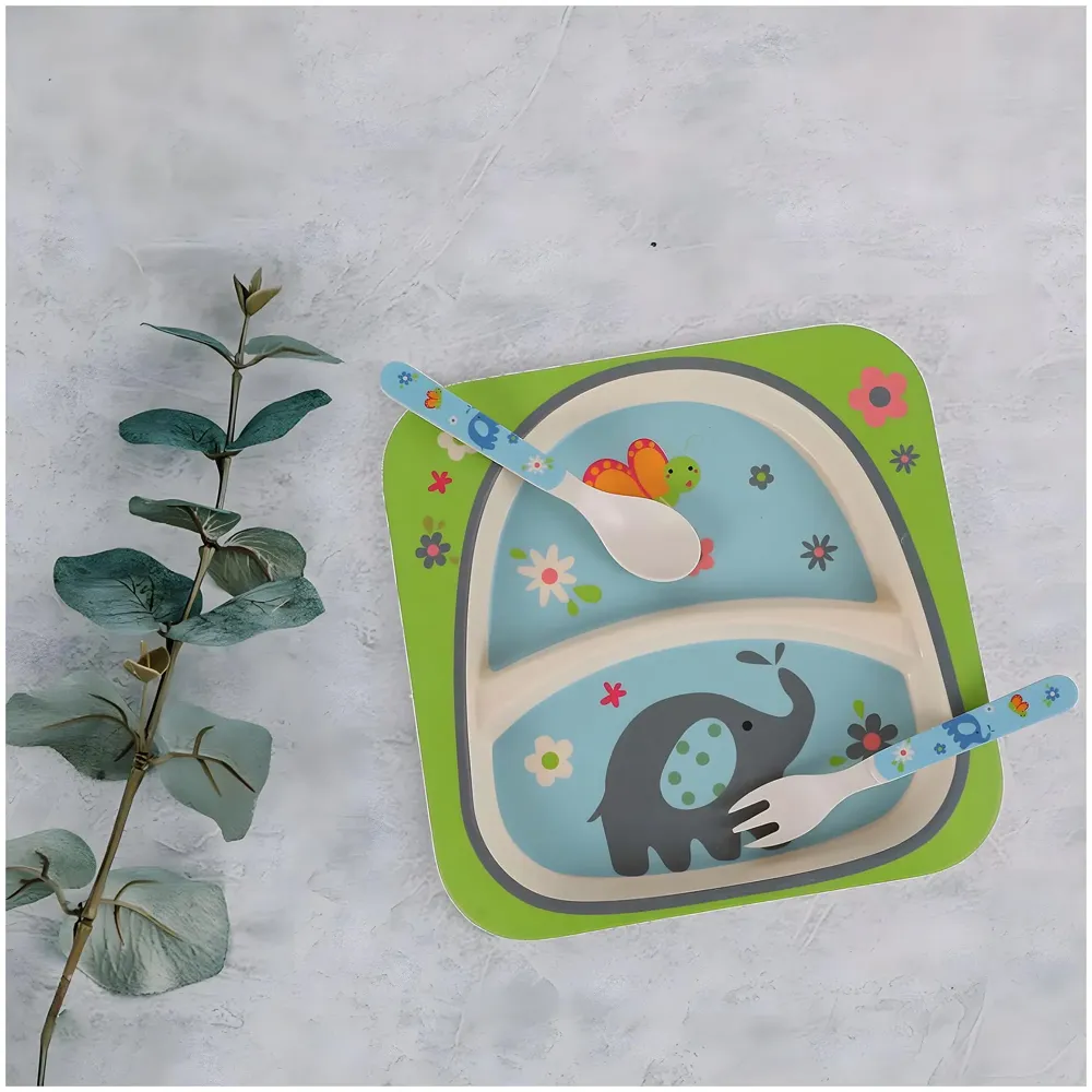 Kids Bamboo Baby Tableware, Eco Friendly Bamboo Fibre Dinner Set for Toddler and Kids, Self-Feeding Baby Utensil Set of 5pcs, 1 x Plate, 1 x Bowl, 1 x Glass, 1 x Spoon, 1 x Fork Elephant