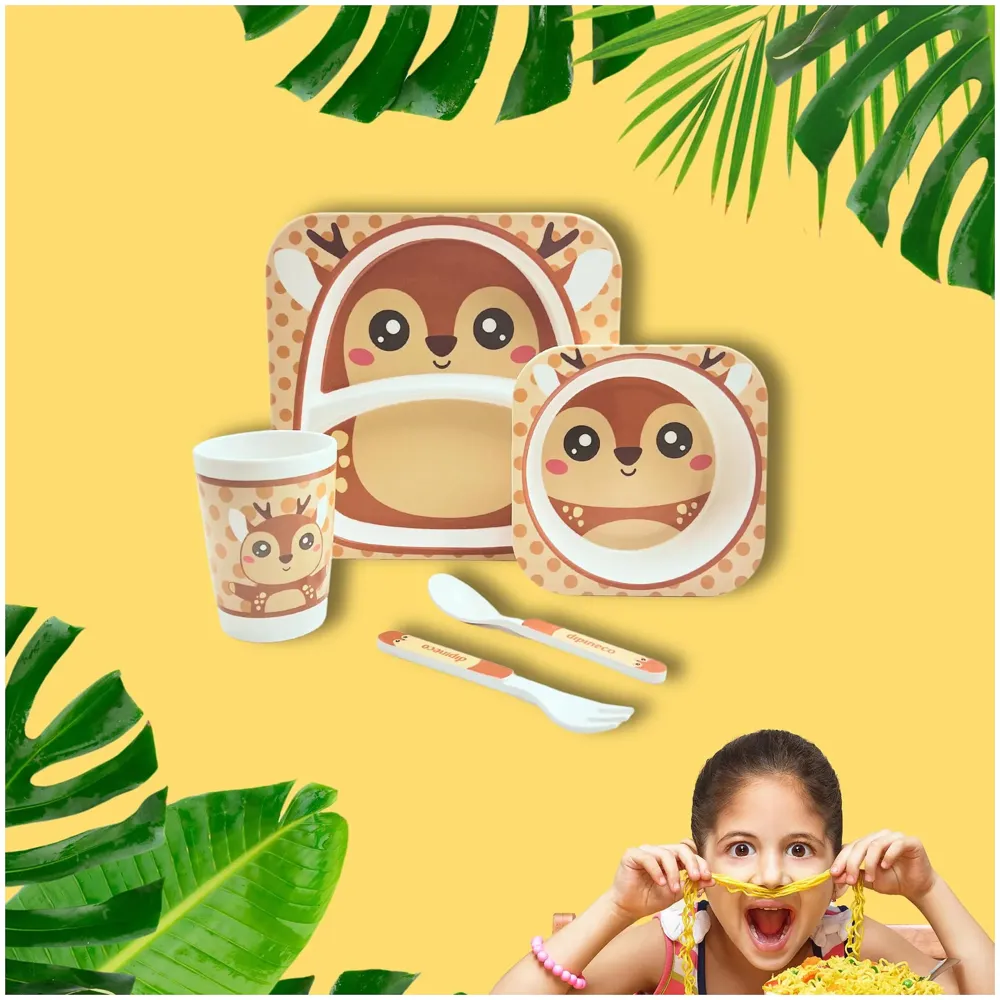 Kids Bamboo Baby Tableware, Eco Friendly Bamboo Fibre Dinner Set for Toddler and Kids, Self-Feeding Baby Utensil Set of 5pcs, 1 x Plate, 1 x Bowl, 1 x Glass, 1 x Spoon, 1 x Fork Deer