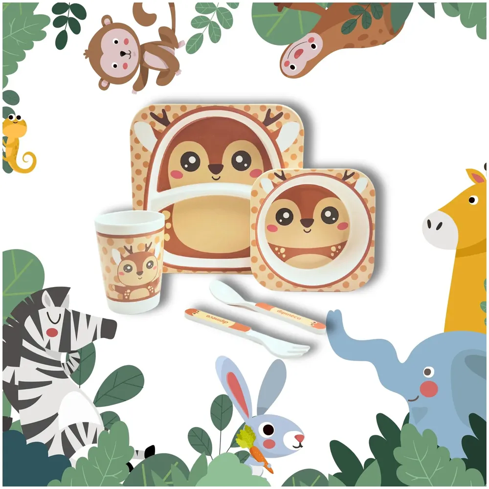 Kids Bamboo Baby Tableware, Eco Friendly Bamboo Fibre Dinner Set for Toddler and Kids, Self-Feeding Baby Utensil Set of 5pcs, 1 x Plate, 1 x Bowl, 1 x Glass, 1 x Spoon, 1 x Fork Deer