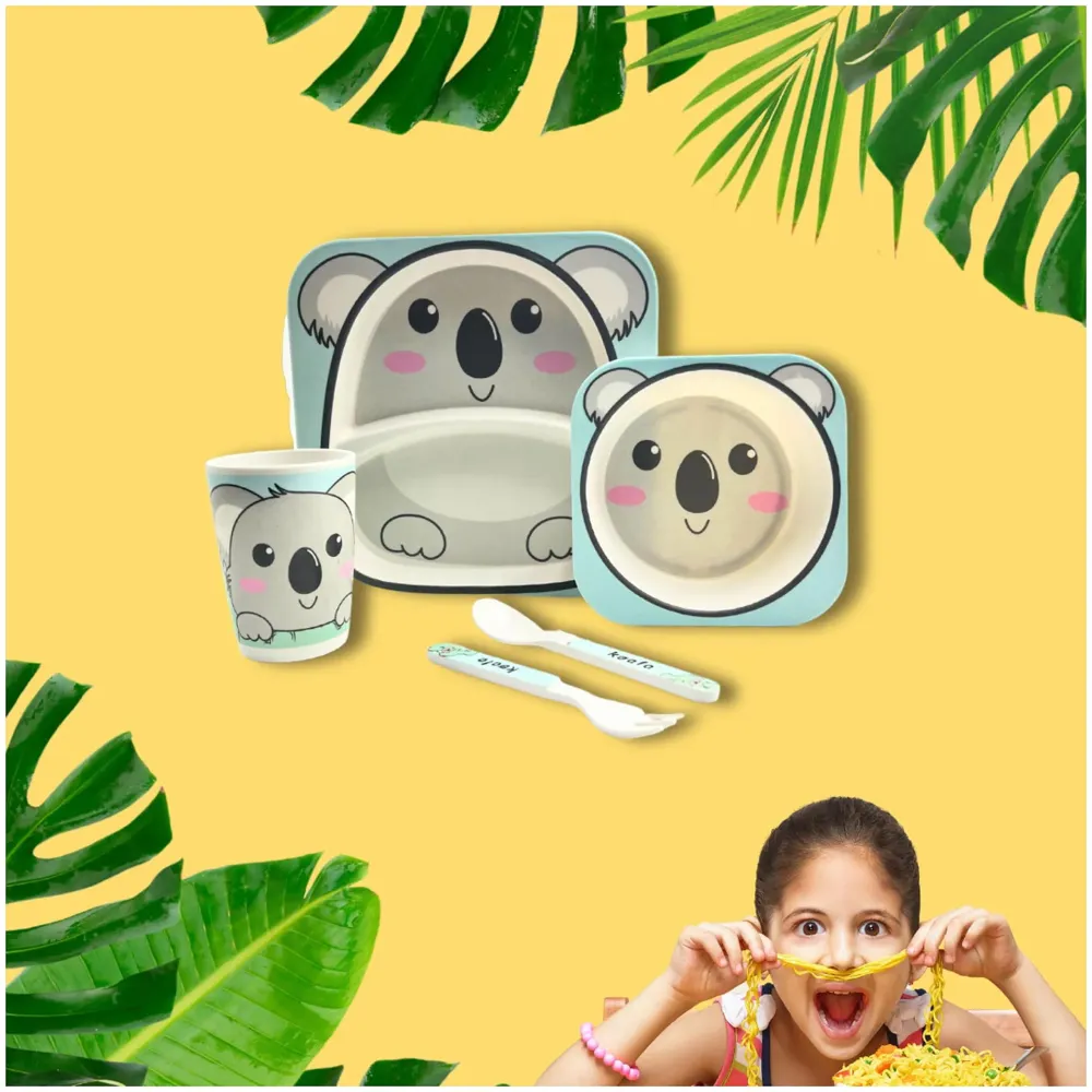 Kids Bamboo Baby Tableware, Eco Friendly Bamboo Fibre Dinner Set for Toddler and Kids, Self-Feeding Baby Utensil Set of 5pcs, 1 x Plate, 1 x Bowl, 1 x Glass, 1 x Spoon, 1 x Fork Koala