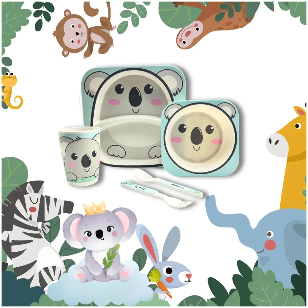 Kids Bamboo Baby Tableware, Eco Friendly Bamboo Fibre Dinner Set for Toddler and Kids, Self-Feeding Baby Utensil Set of 5pcs, 1 x Plate, 1 x Bowl, 1 x Glass, 1 x Spoon, 1 x Fork Koala