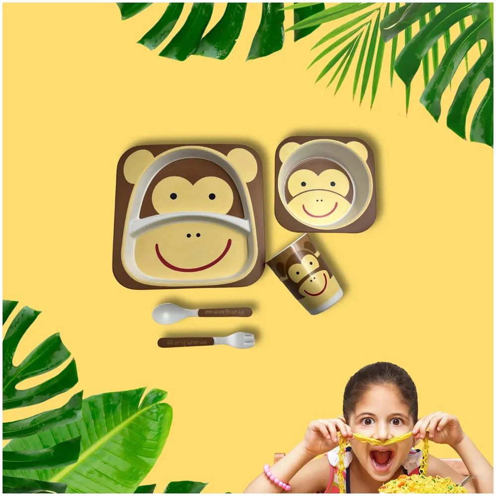 Monkey Kids Bamboo Baby Tableware, Eco Friendly Bamboo Fibre Dinner Set for Toddler And Kids, Self-Feeding Baby Utensil Set of 5pcs, 1 x Plate, 1 x bowl, 1 x Glass, 1 x Spoon, 1 x Fork Deer