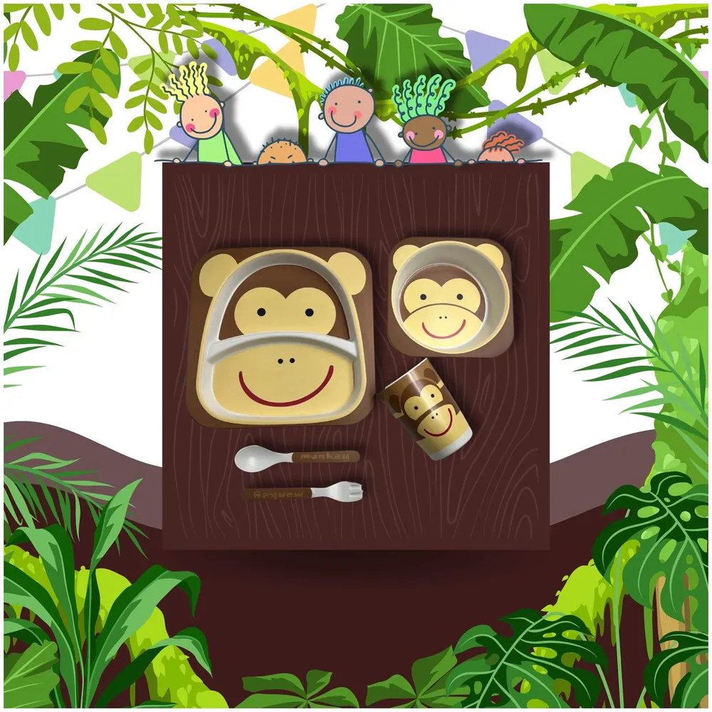 Monkey Kids Bamboo Baby Tableware, Eco Friendly Bamboo Fibre Dinner Set for Toddler And Kids, Self-Feeding Baby Utensil Set of 5pcs, 1 x Plate, 1 x bowl, 1 x Glass, 1 x Spoon, 1 x Fork Deer