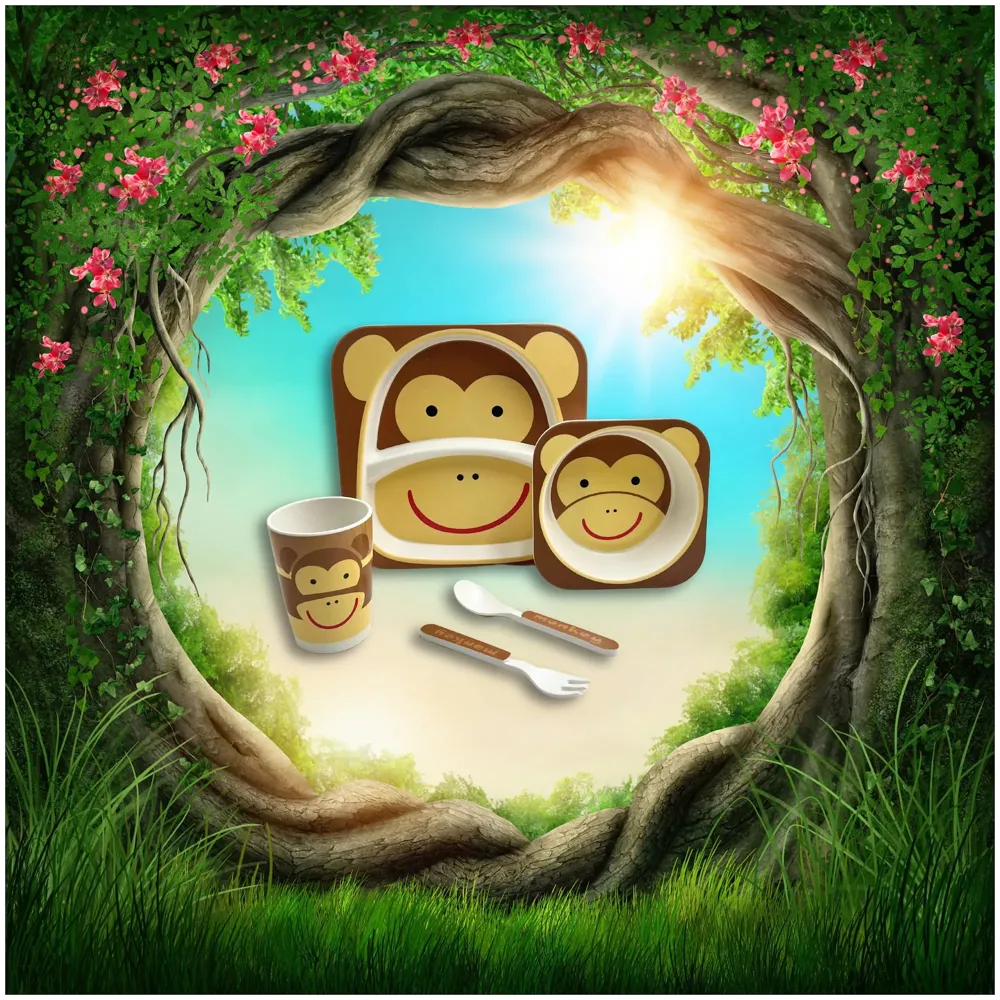 Monkey Kids Bamboo Baby Tableware, Eco Friendly Bamboo Fibre Dinner Set for Toddler And Kids, Self-Feeding Baby Utensil Set of 5pcs, 1 x Plate, 1 x bowl, 1 x Glass, 1 x Spoon, 1 x Fork Deer