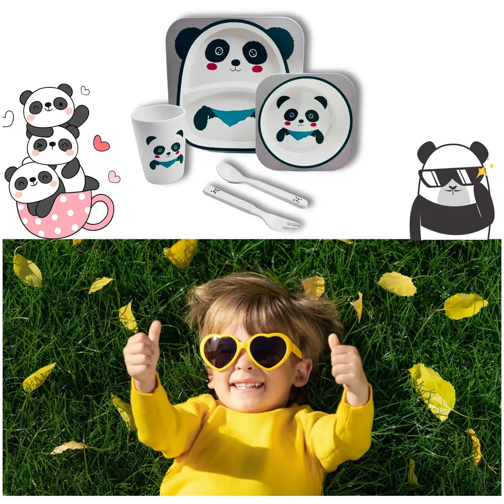 Kids Bamboo Baby Tableware, Eco Friendly Bamboo Fibre Dinner Set for Toddler and Kids, Self-Feeding Baby Utensil Set of 5pcs, 1 x Plate, 1 x Bowl, 1 x Glass, 1 x Spoon, 1 x Fork Panda