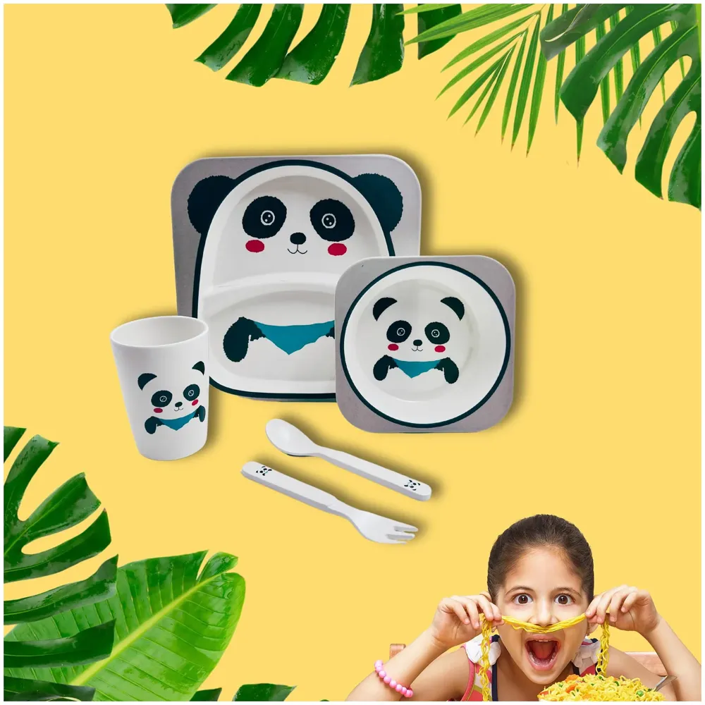 Kids Bamboo Baby Tableware, Eco Friendly Bamboo Fibre Dinner Set for Toddler and Kids, Self-Feeding Baby Utensil Set of 5pcs, 1 x Plate, 1 x Bowl, 1 x Glass, 1 x Spoon, 1 x Fork Panda