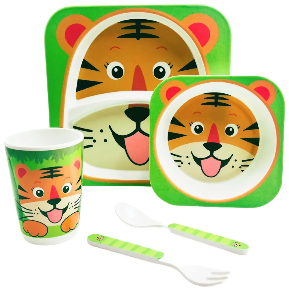 Kids Bamboo Baby Tableware, Eco Friendly Bamboo Fibre Dinner Set for Toddler and Kids, Self-Feeding Baby Utensil Set of 5pcs, 1 x Plate, 1 x Bowl, 1 x Glass, 1 x Spoon, 1 x Fork Tiger