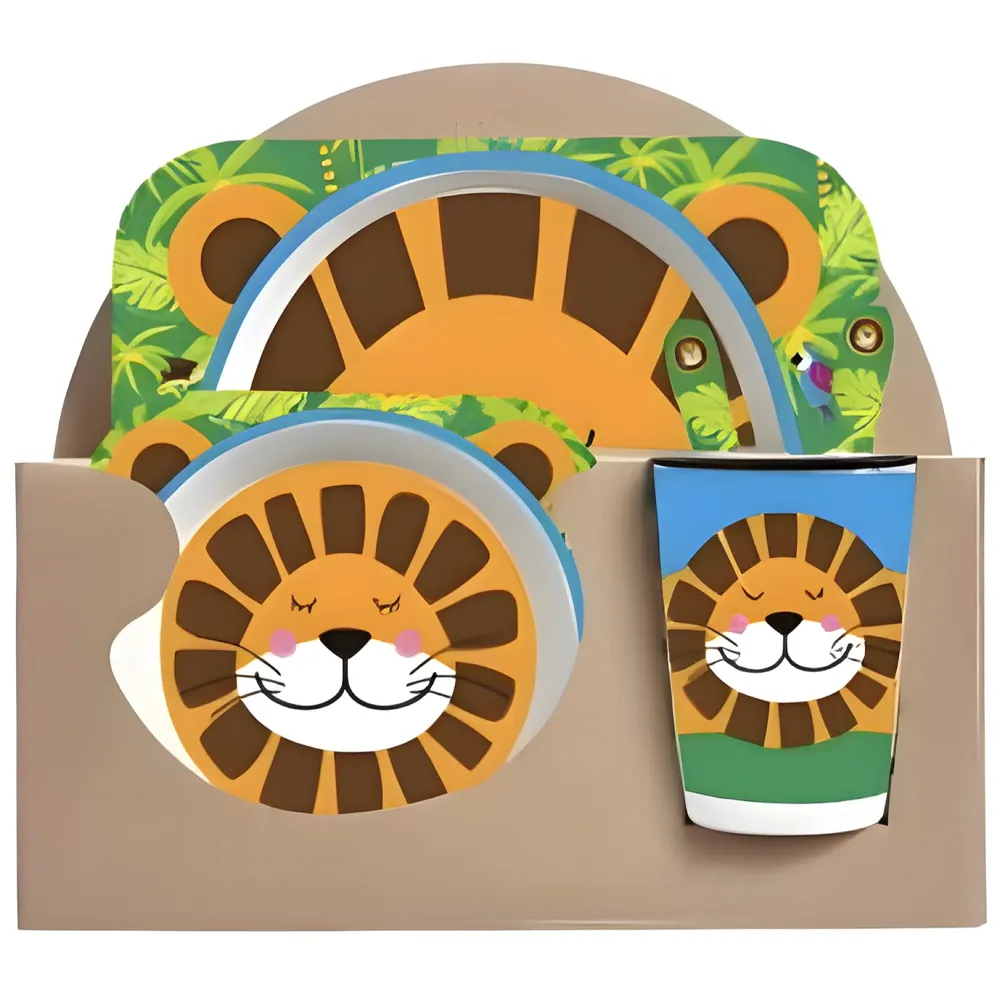 Lion Kids Bamboo Baby Tableware, Eco Friendly Bamboo Fibre Dinner Set for Toddler and Kids, Self-Feeding Baby Utensil Set of 5pcs, 1 x Plate, 1 x Bowl, 1 x Glass, 1 x Spoon, 1 x Fork