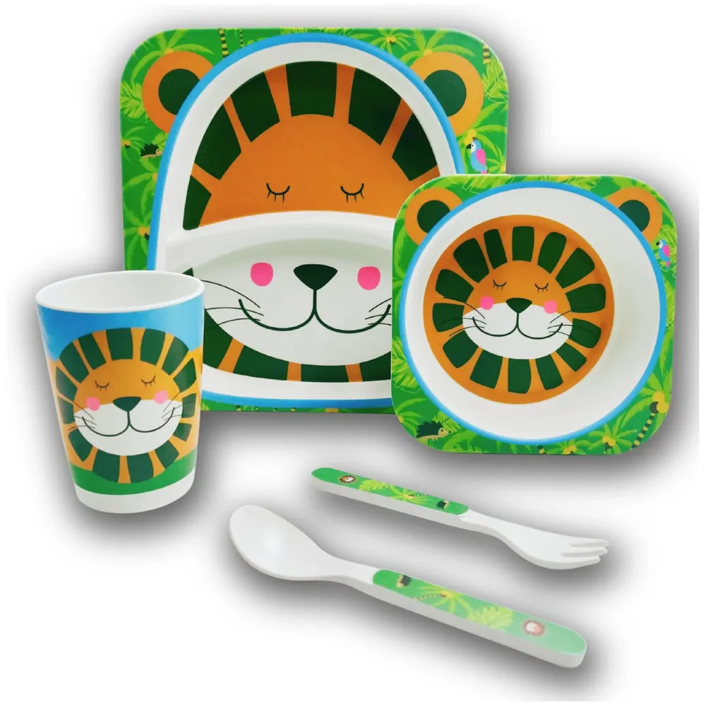 Lion Kids Bamboo Baby Tableware, Eco Friendly Bamboo Fibre Dinner Set for Toddler and Kids, Self-Feeding Baby Utensil Set of 5pcs, 1 x Plate, 1 x Bowl, 1 x Glass, 1 x Spoon, 1 x Fork
