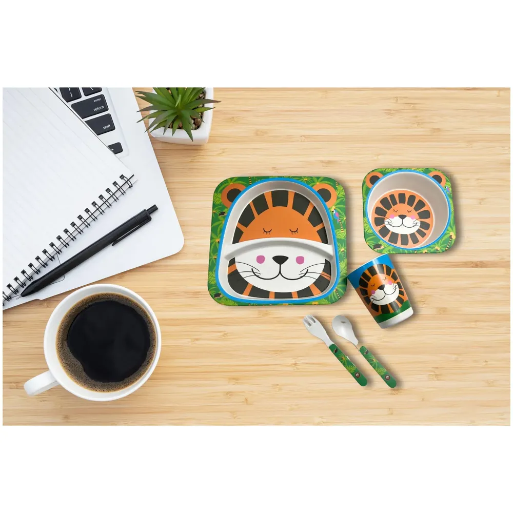 Lion Kids Bamboo Baby Tableware, Eco Friendly Bamboo Fibre Dinner Set for Toddler and Kids, Self-Feeding Baby Utensil Set of 5pcs, 1 x Plate, 1 x Bowl, 1 x Glass, 1 x Spoon, 1 x Fork