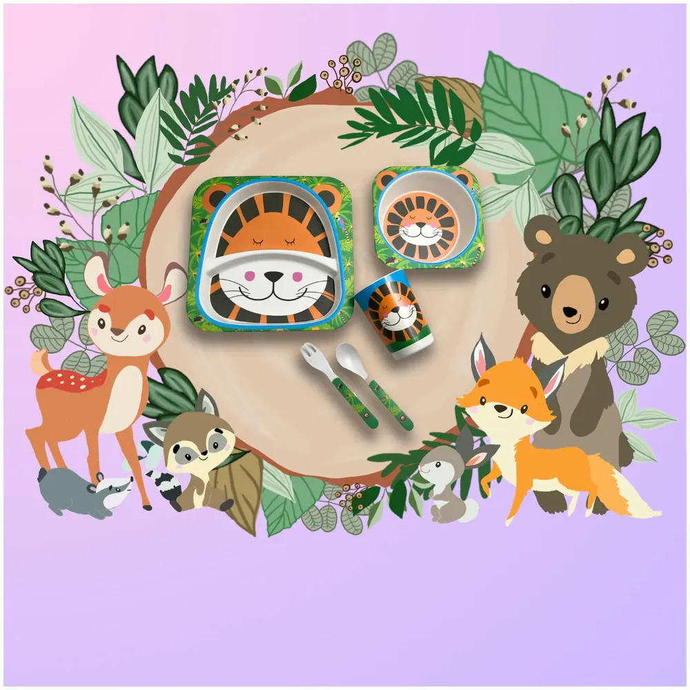 Lion Kids Bamboo Baby Tableware, Eco Friendly Bamboo Fibre Dinner Set for Toddler and Kids, Self-Feeding Baby Utensil Set of 5pcs, 1 x Plate, 1 x Bowl, 1 x Glass, 1 x Spoon, 1 x Fork