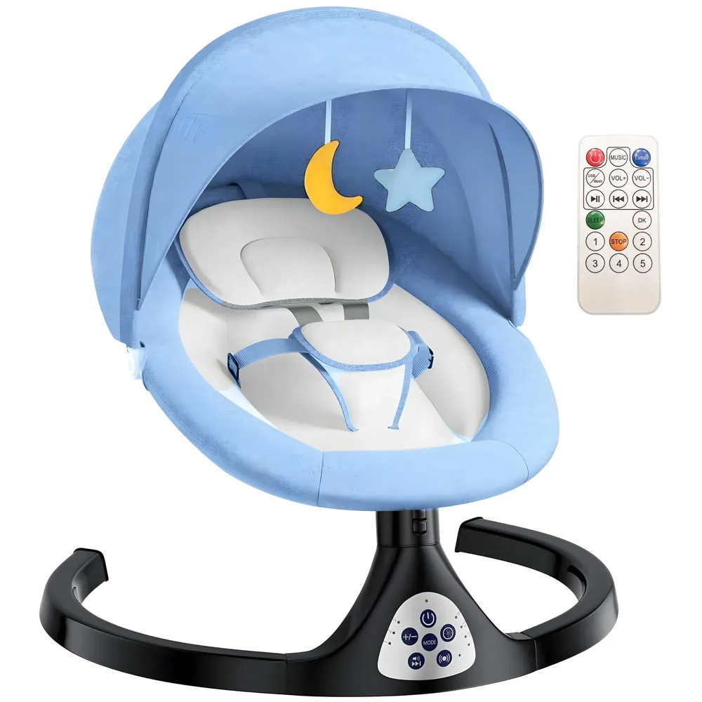 Automatic Baby Bed Swing for Infants, Baby Rocker with 5 Speeds, Lullabies, Indoor & Outdoor Use, Remote Control Rocker with Mosquito Net, Safety Belt & Removable Baby Toys
