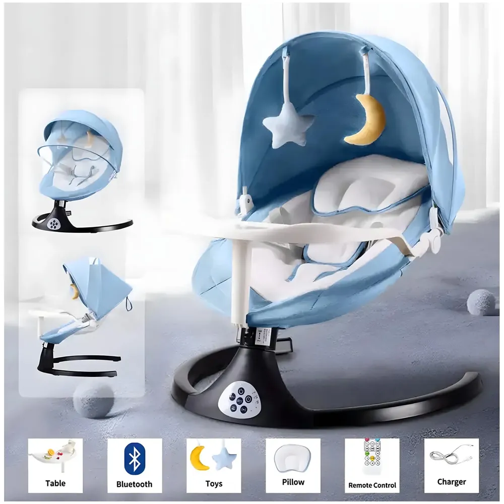 Automatic Baby Bed Swing for Infants, Baby Rocker with 5 Speeds, Lullabies, Indoor & Outdoor Use, Remote Control Rocker with Mosquito Net, Safety Belt & Removable Baby Toys
